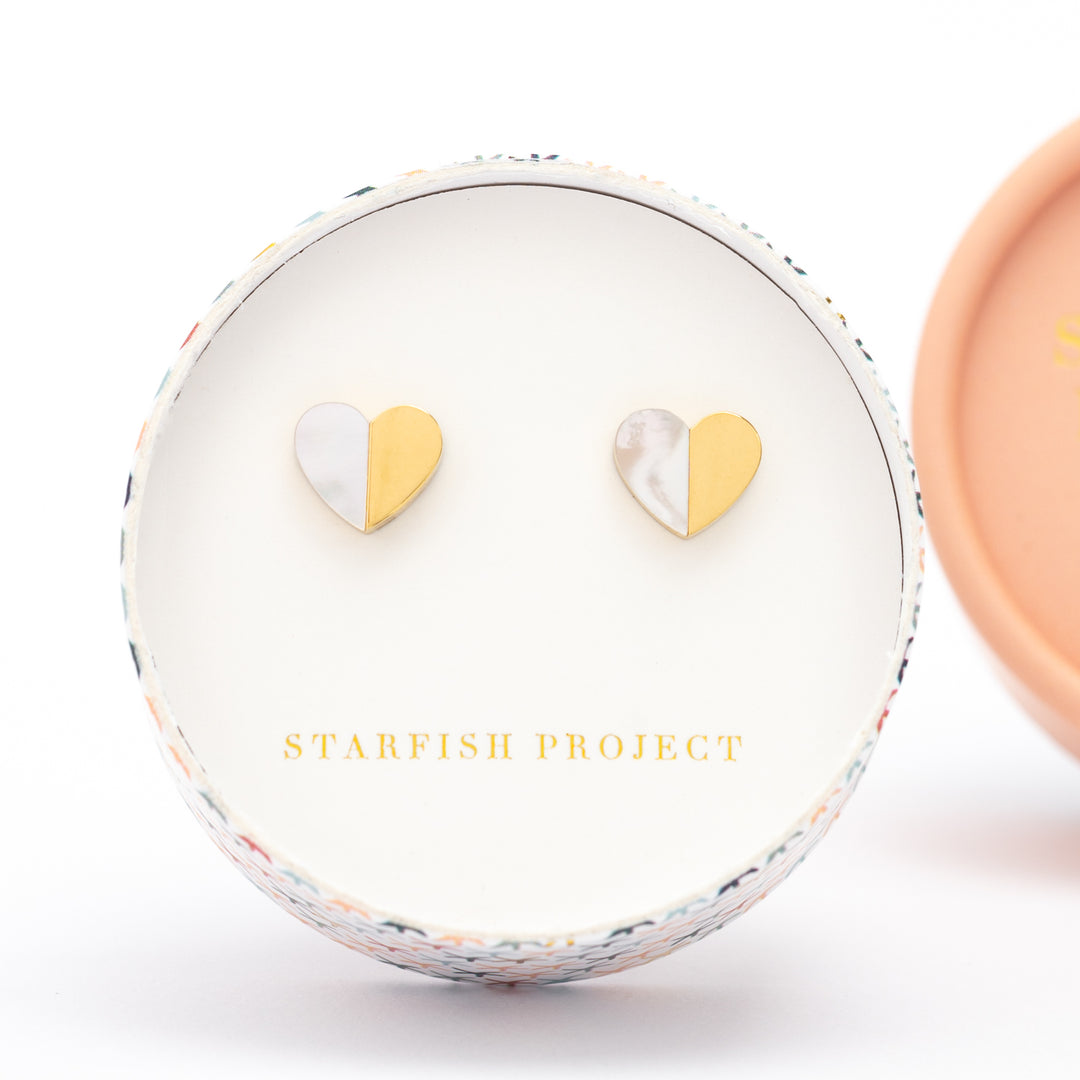 Set of gold and pearl heart earrings in a gift box, women's artisan jewelry, Starfish Project, symbolism for hope