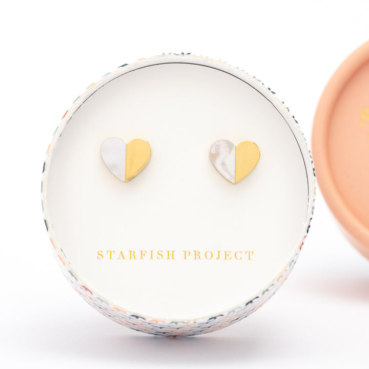 Set of gold and pearl heart earrings in a gift box, women's artisan jewelry, Starfish Project, symbolism for hope