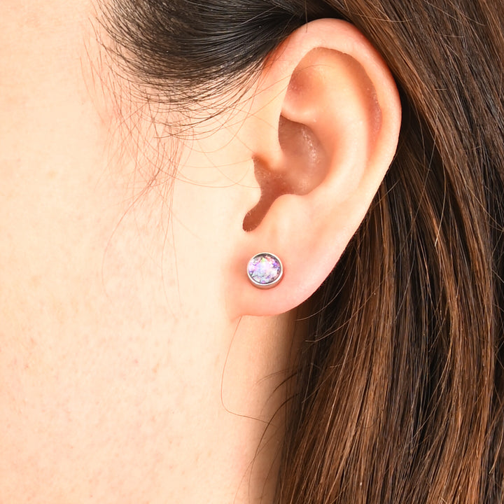 Picture of model wearing silver and lavender earring, women's studs, cute earrings, jewelry store