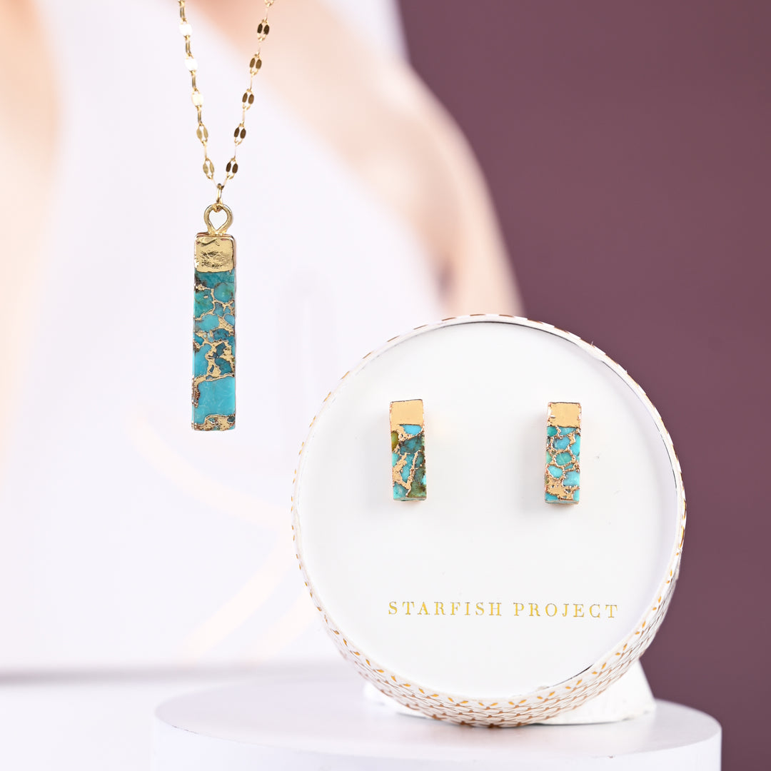 Photo of stunning necklace and earring pair, golds, turquoise jewelry, 14k gold plated studs, women's artisan jewelry, gift packaging, gift set deal
