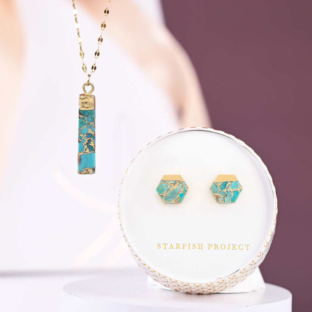 Gift set, high quality jewelry set, shades of gold and turquoise, matching set, pair, women's earrings and necklace
