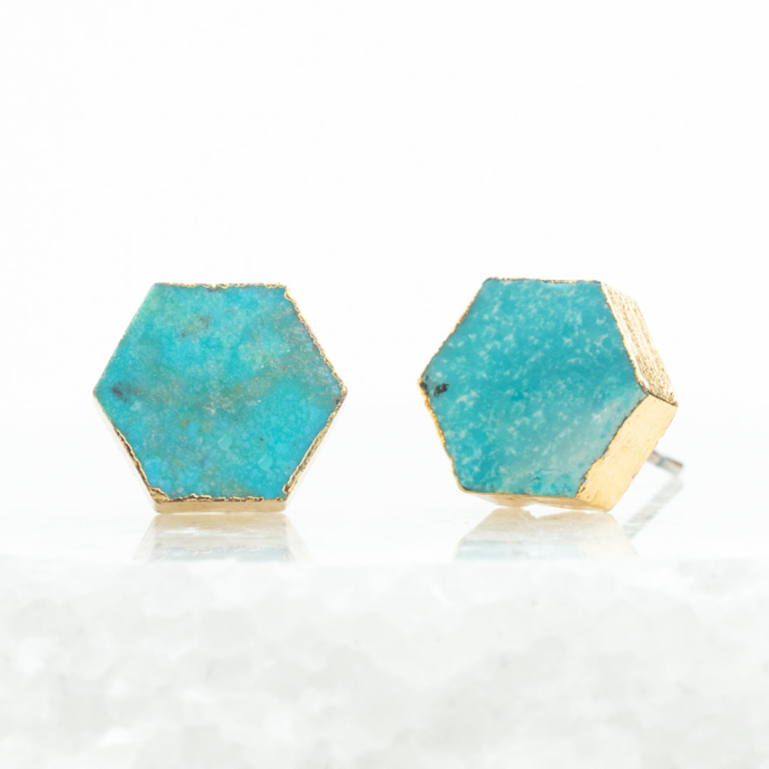 A pair of ocean turquoise, gold stud earrings, women's artisan jewelry, like pandora, unique gifts for Christmas, cute and quality earrings