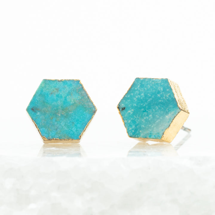 A pair of ocean turquoise, gold stud earrings, women's artisan jewelry, like pandora, unique gifts for Christmas, cute and quality earrings