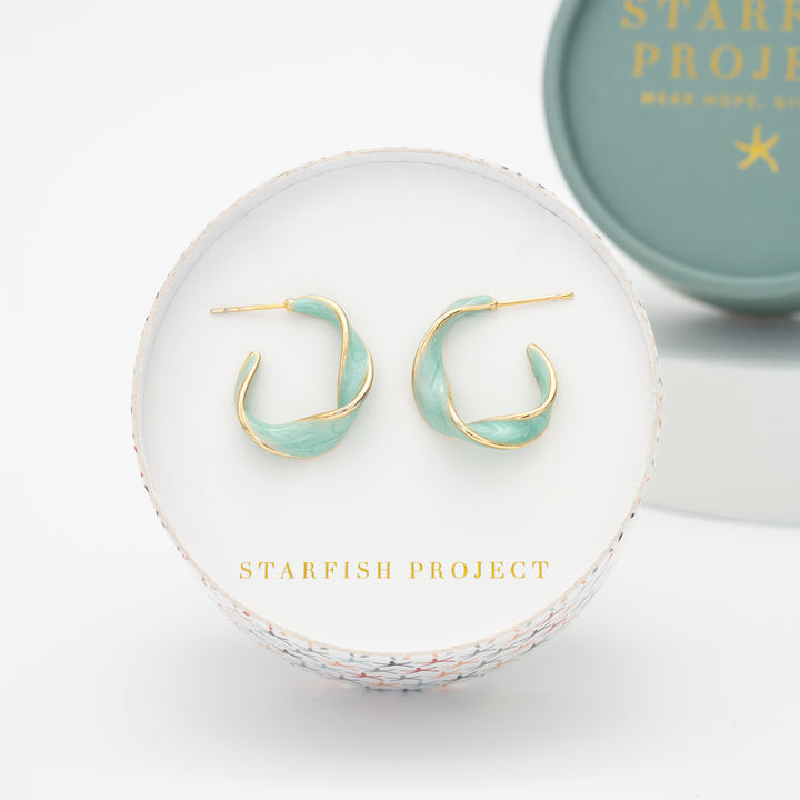 Gold hoops, gift box, gif package, green hoop earrings, freedom business, symbol of hope, online jewelry