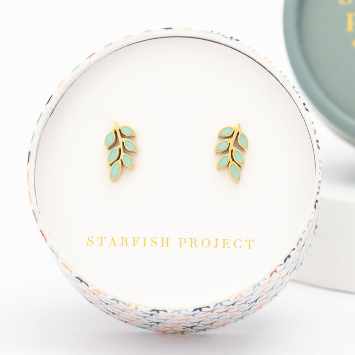 Starfish Project brand gift box with gold and mint studs, jewelry brands, high quality jewelry, mint green earrings, leaf-shaped studs