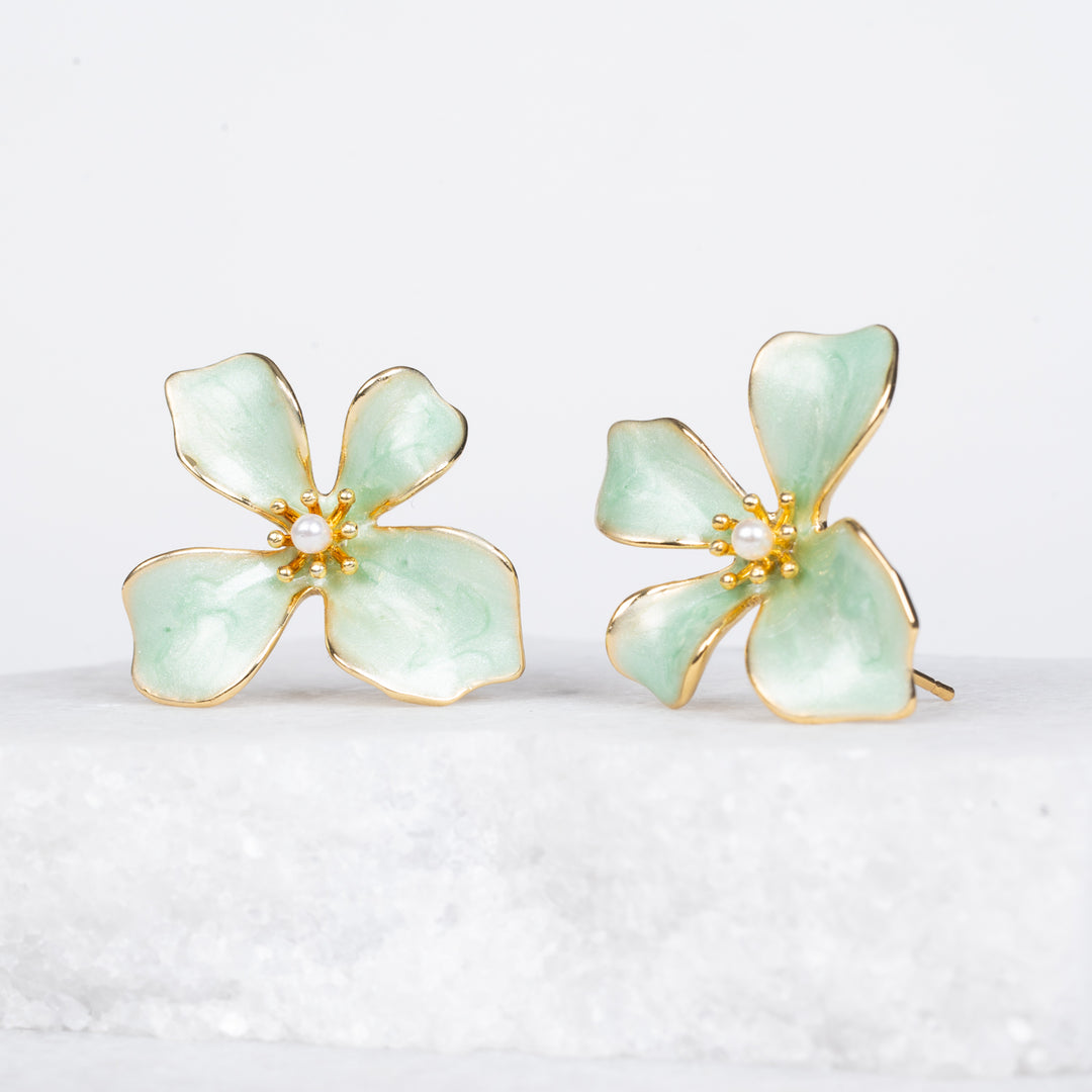 Photo of gold and mint earrings, flower-shaped earrings, beautiful floral jewelry, 14k gold, jewelry stores near me, best xmas gift