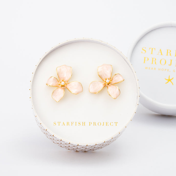 Gift box with pink flower earrings, rose gold studs, jewelry with flowers, Starfish Project, freedom business