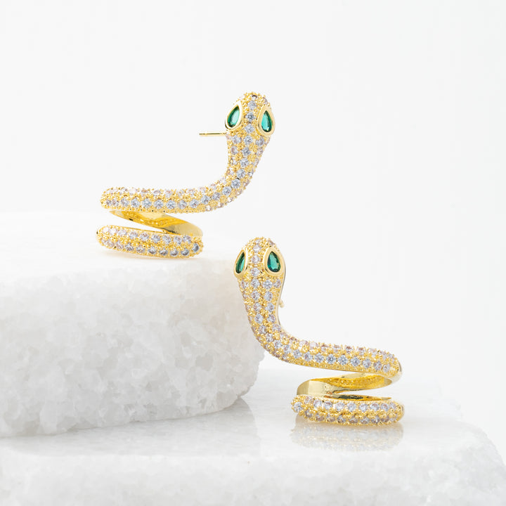 Pair of snake shaped earrings, 18k gold earrings, earrings with zircon, cute earrings, fair trade jewelry, xmas present ideas