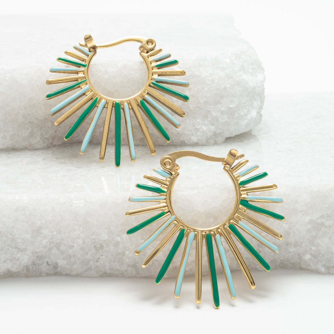 Beautiful green, blue, and gold earrings, sun-shaped earrings, gold hoops, blue and green colored hoops, women's jewelry