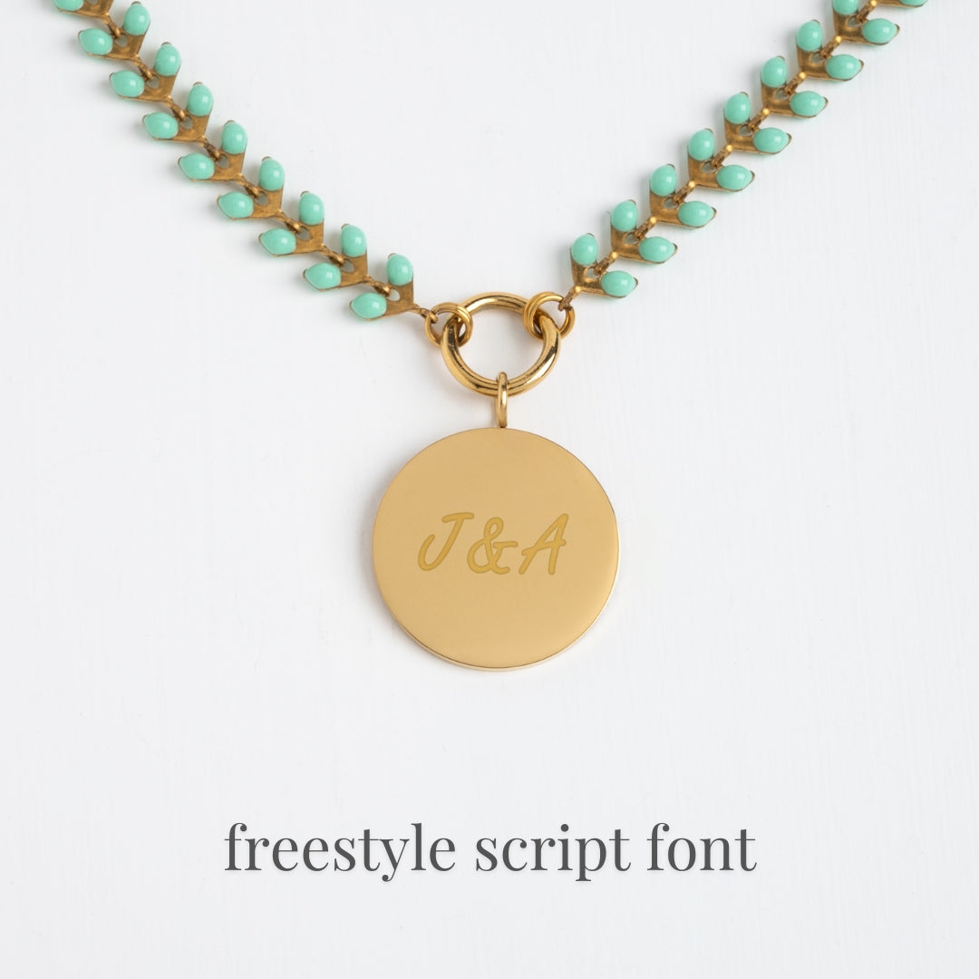Example photo of engravable necklace, fair trade businesses, gold engravable necklace for women, gold and mint chain