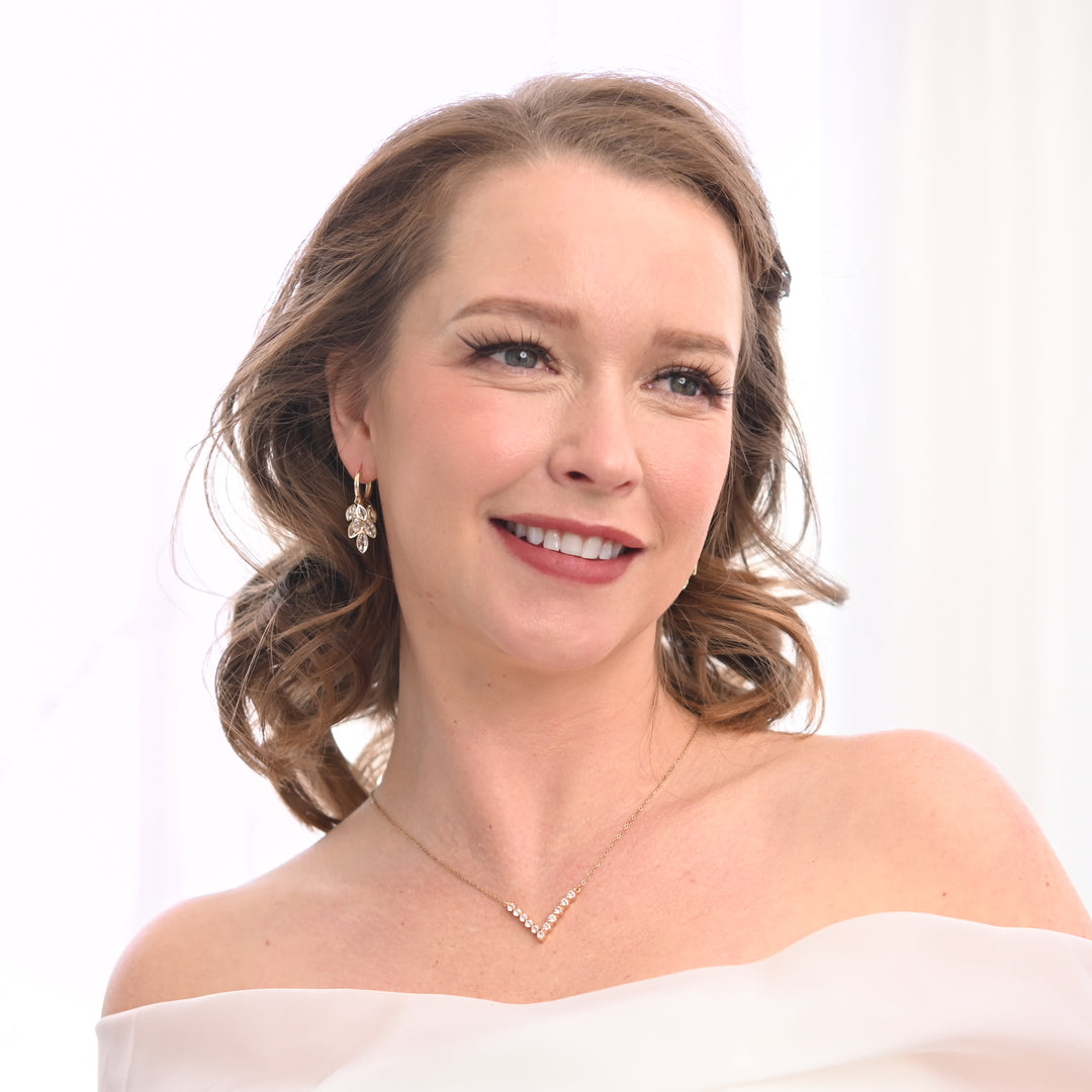 A photo of a woman wearing beautiful wedding jewelry set, gold and fashion jewelry, special christmas presents