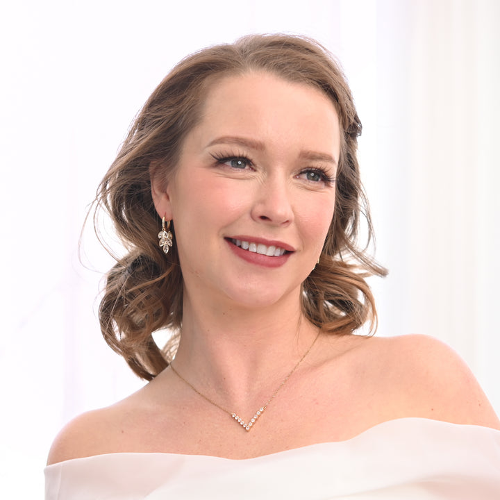 A photo of a woman wearing beautiful wedding jewelry set, gold and fashion jewelry, special christmas presents