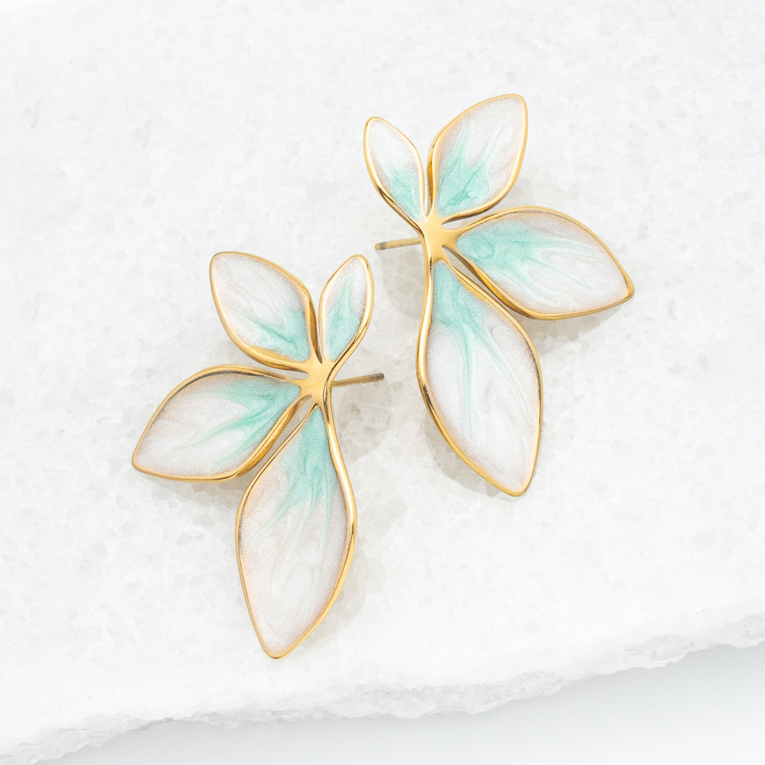 Picture of leaf-shaped earrings, mint and gold earrings, women's earrings, jewelry business, jewelry shop near me, fair trade company