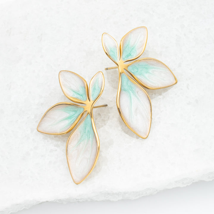 Picture of leaf-shaped earrings, mint and gold earrings, women's earrings, jewelry business, jewelry shop near me, fair trade company