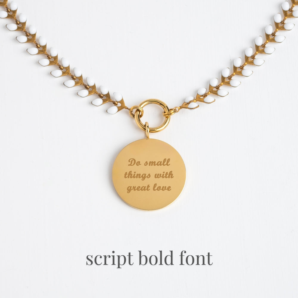 Example photo of engravable necklace, fair trade businesses, gold engravable necklace for women, gold and ivory chain