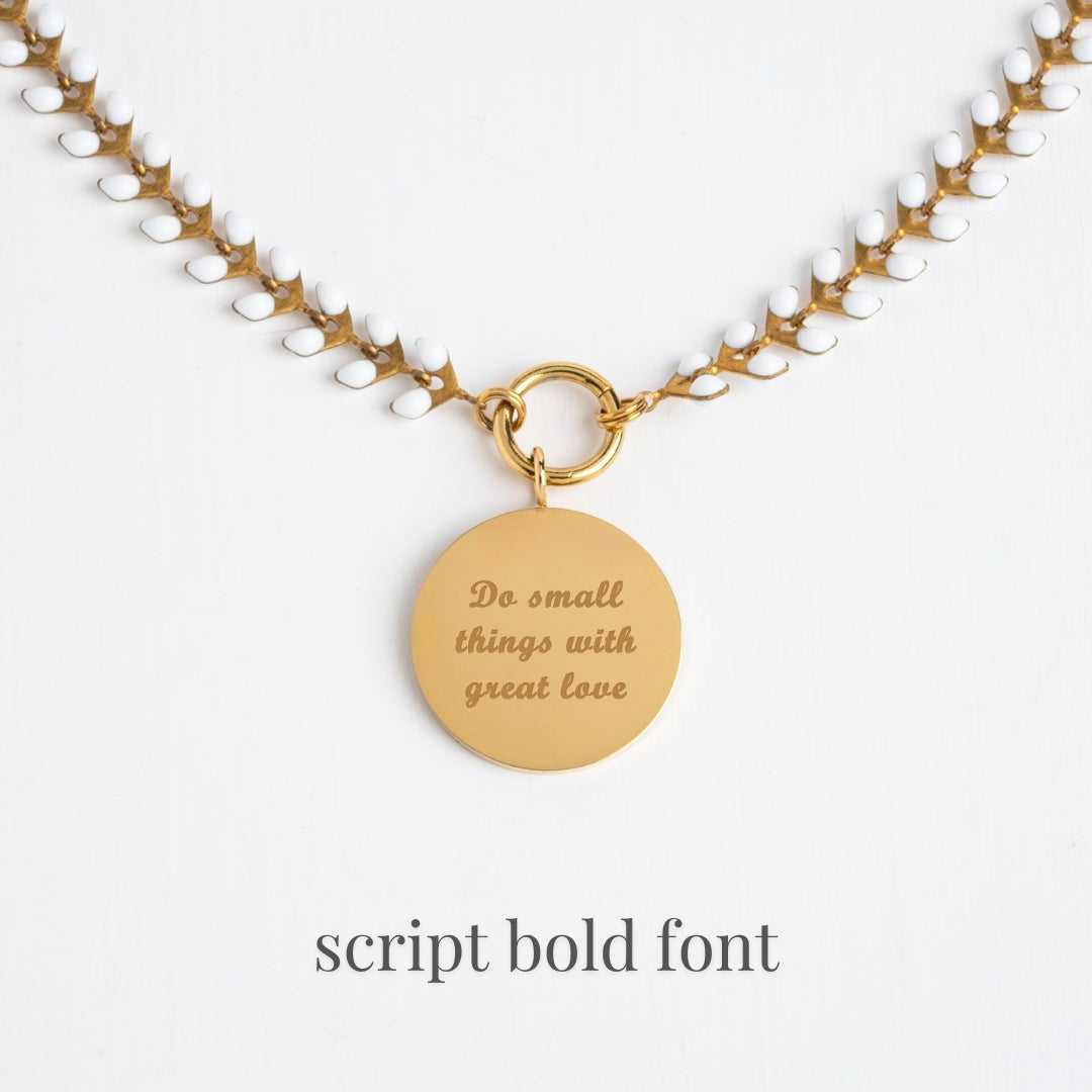 Example photo of engravable necklace, fair trade businesses, gold engravable necklace for women, gold and ivory chain