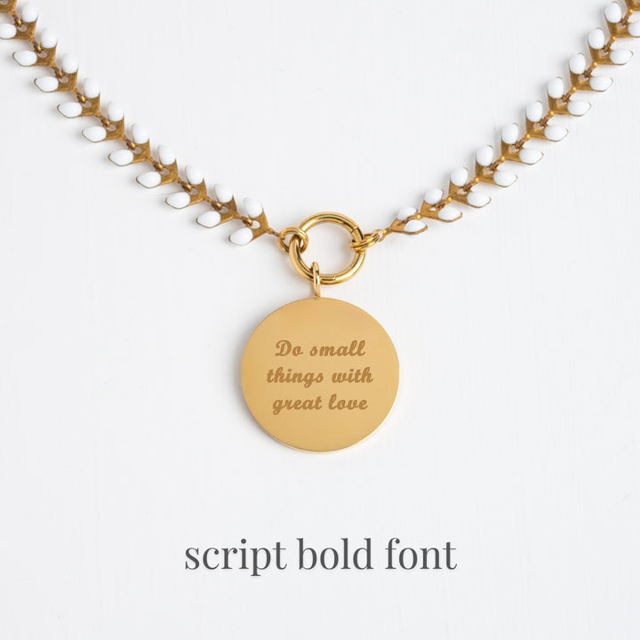 Example photo of engravable necklace, fair trade businesses, gold engravable necklace for women, gold and ivory chain