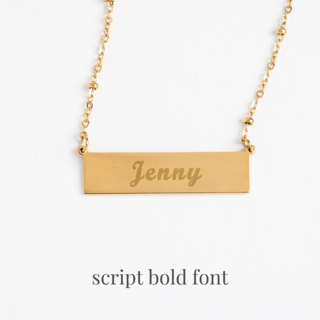 Example photo of engravable necklace, personalized gold necklace, unique Christmas gifts, jewelry brand, freedom business