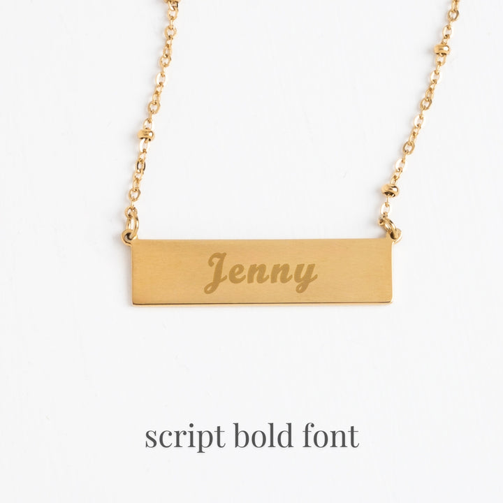Example photo of engravable necklace, personalized gold necklace, unique Christmas gifts, jewelry brand, freedom business