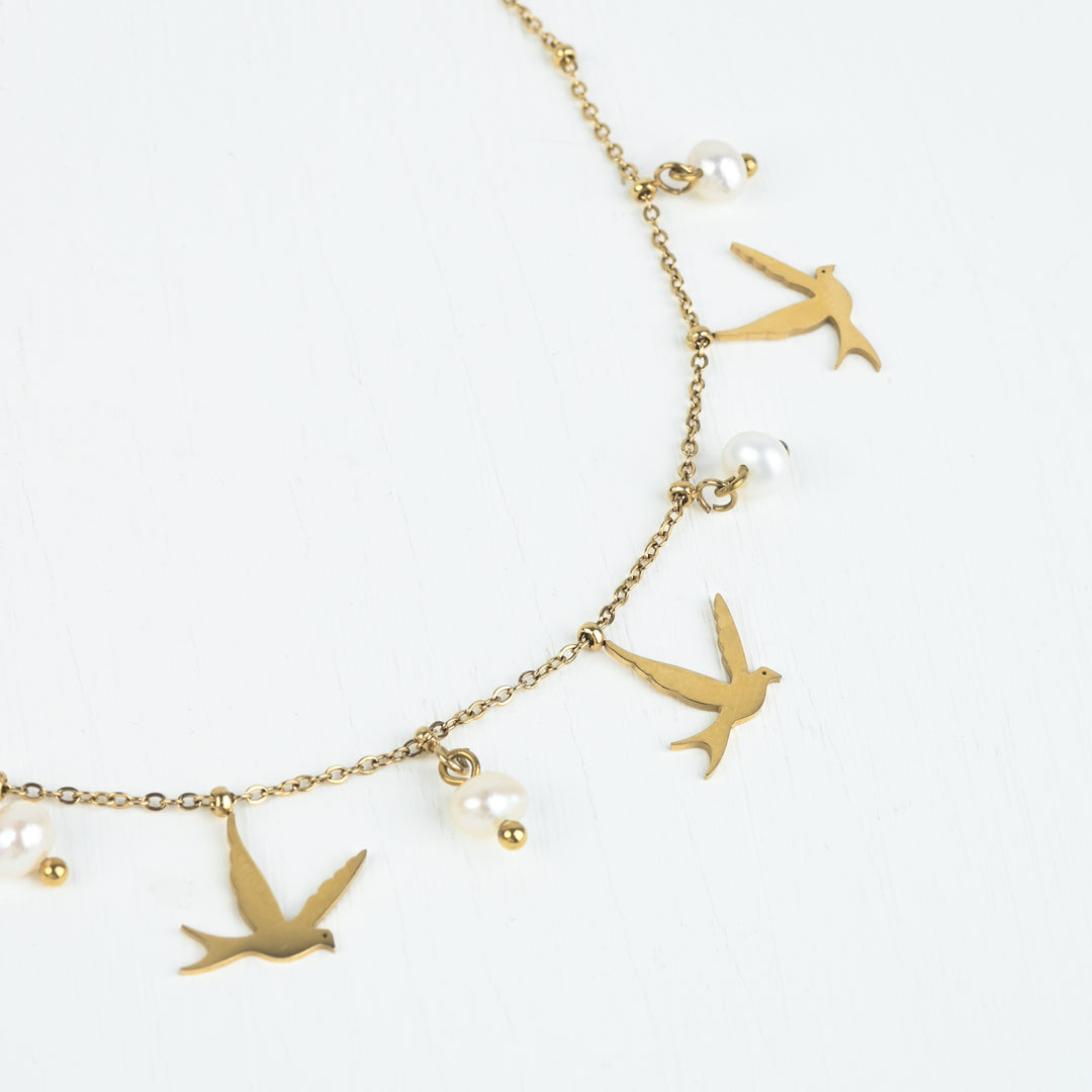 Beautiful gold necklace, gold and pearl necklace, gold bird necklace, women's wedding jewelry pieces