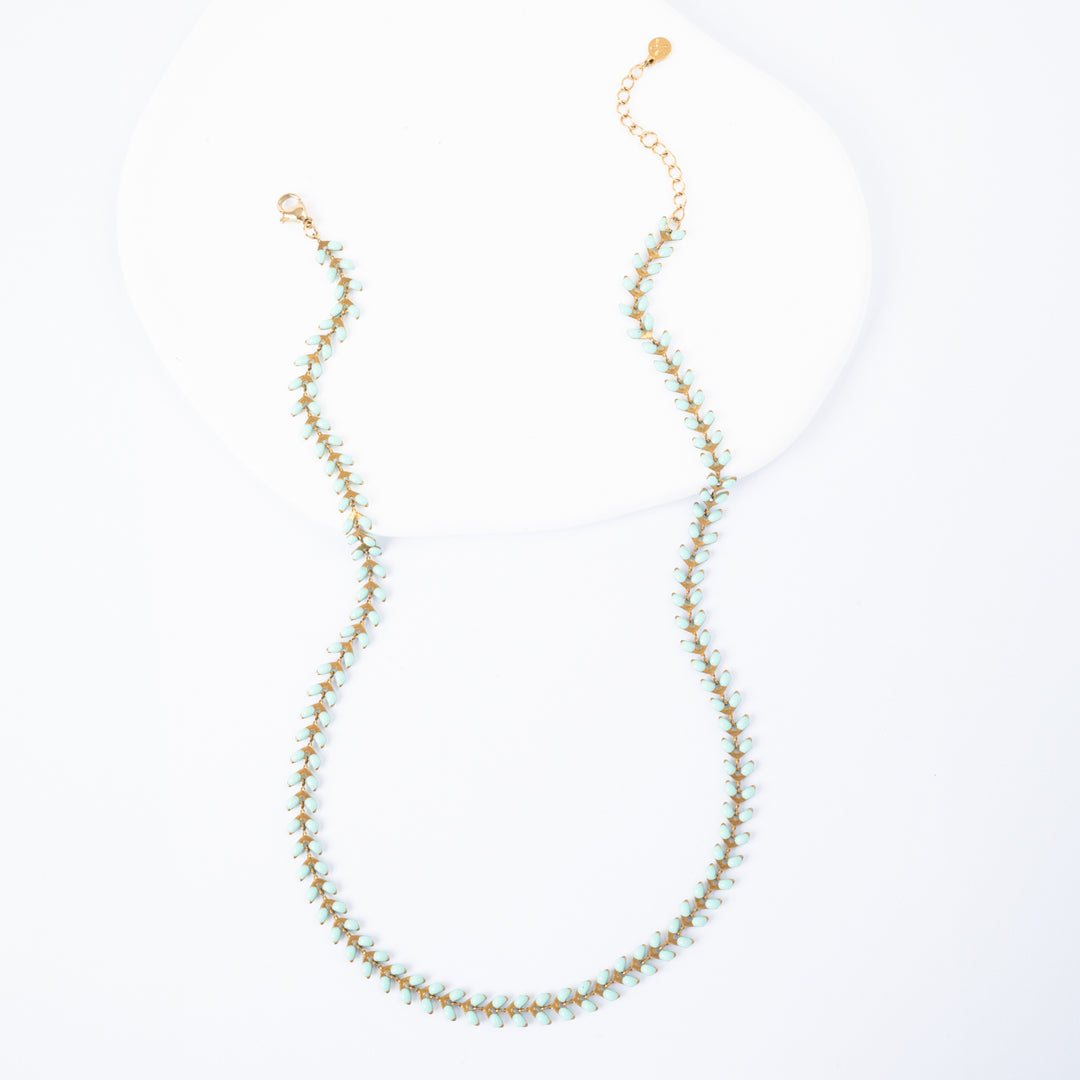 Full length photo of seeded necklace, gold layering necklace, adjustable gold necklace, necklace company, surprises for Christmas