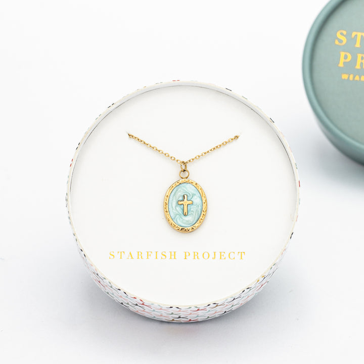 Starfish Project brand gift box, gold necklace with cross, cross necklace jewelry, necklace with cross center, blue necklace, jewel stores, gift for mom for Mother's day