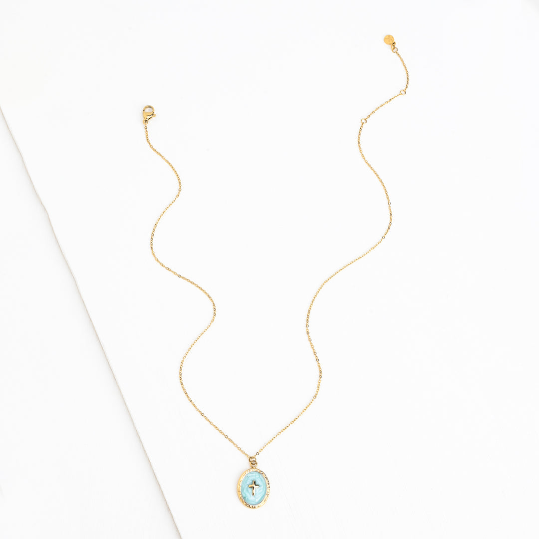 Full length photo of blue necklace with cross, 14k gold chain, adjustable necklace chain, women's jewelry business