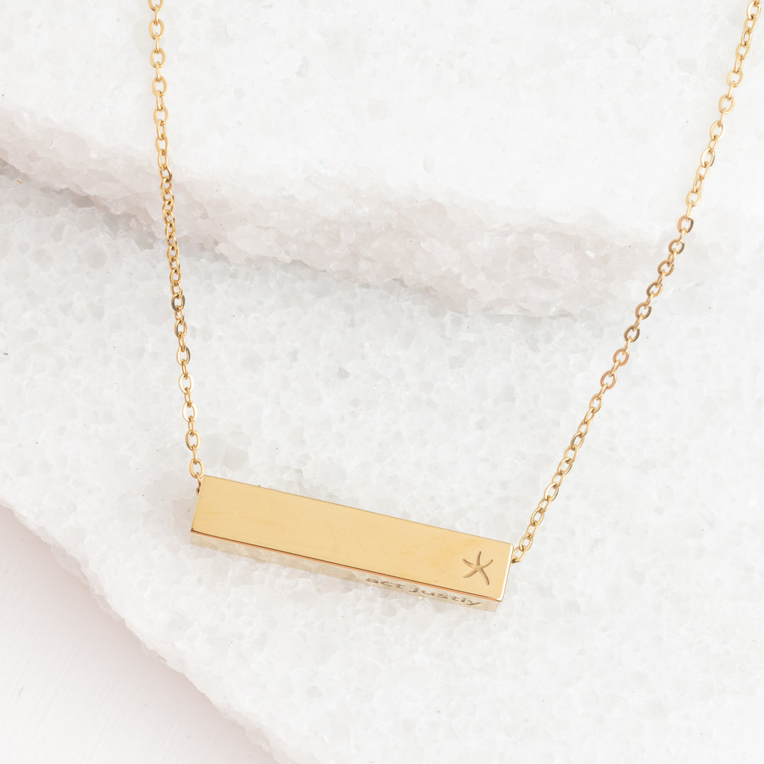 Gold bar necklace, starfish logo, symbol for hope, symbolism of starfish, Starfish Project brand