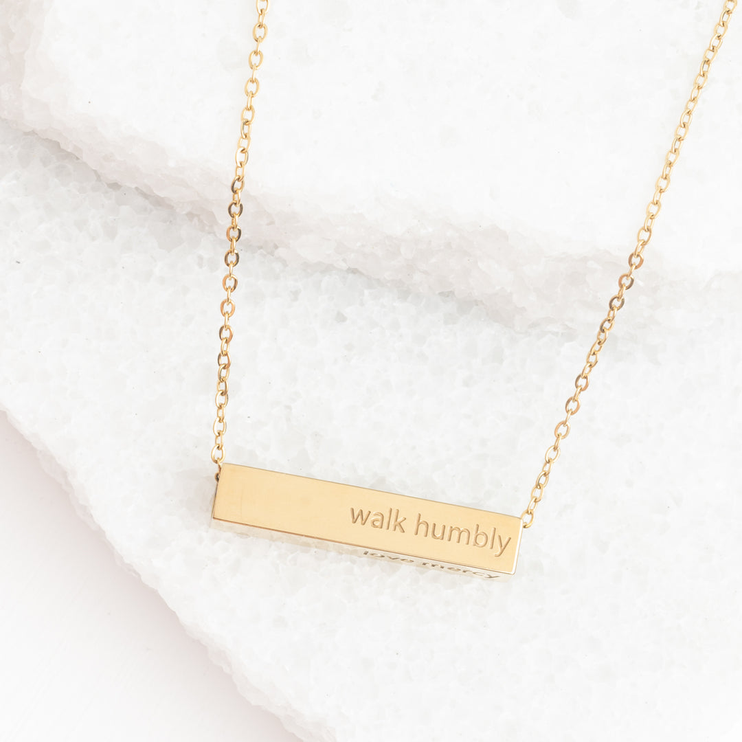 14k gold plated necklace, gold bar necklace, "walk humbly" necklace, women's jewelry, quality jewelry, women's artisan jewelry