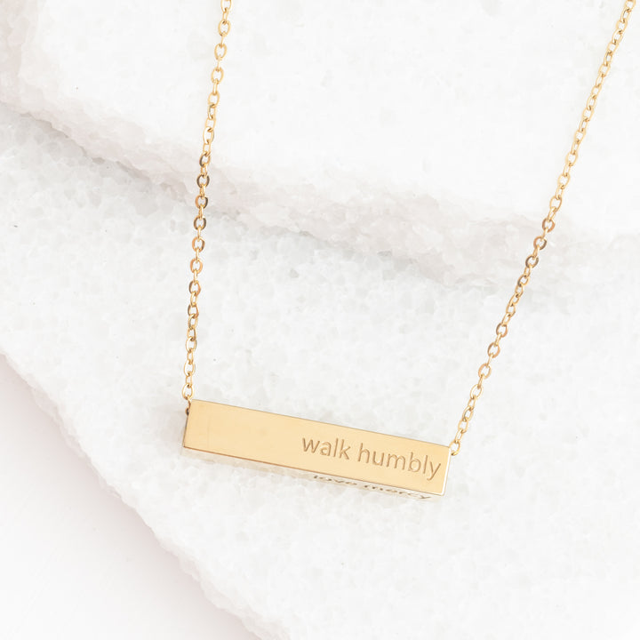14k gold plated necklace, gold bar necklace, "walk humbly" necklace, women's jewelry, quality jewelry, women's artisan jewelry