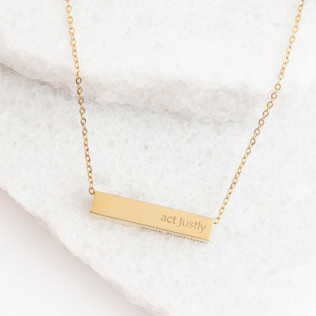 14k gold plated necklace, gold bar necklace, "act justly" necklace, women's jewelry, quality jewelry, women's artisan jewelry