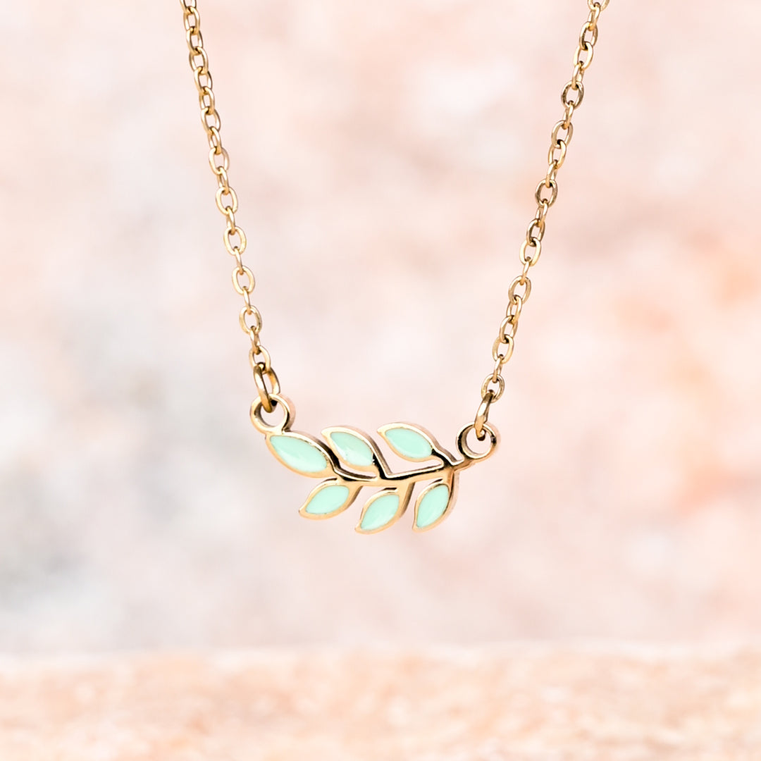 Photo of hanging gold necklace, necklace with leaf, mint green pendant, simple pendant, gold women's necklaces