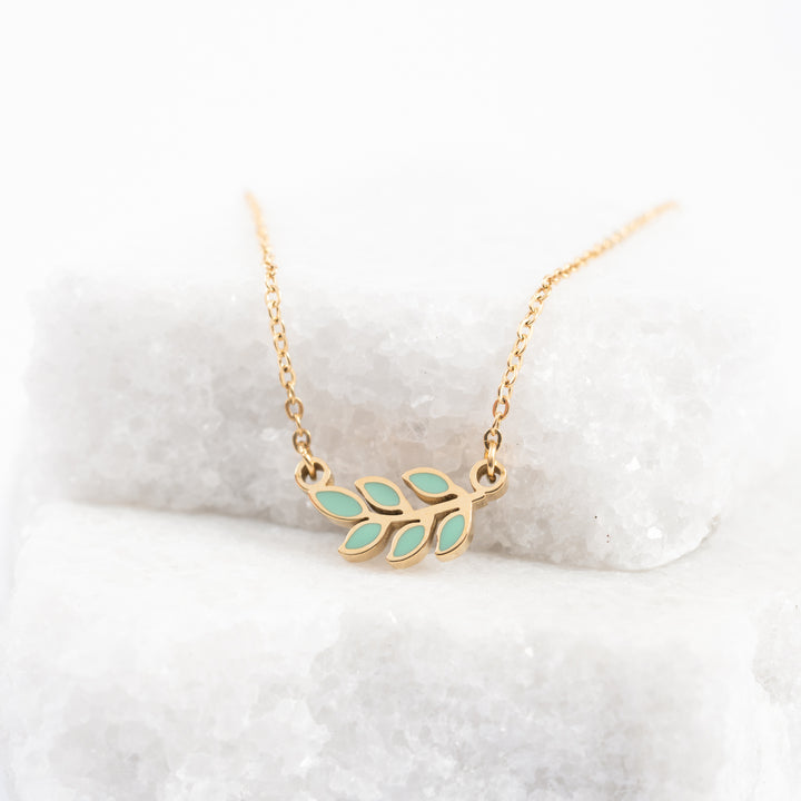 Photo of mint and gold necklace, leaf shaped necklace, simple necklace, women's jewelry, fair trade jewelry company, best fair trade gifts