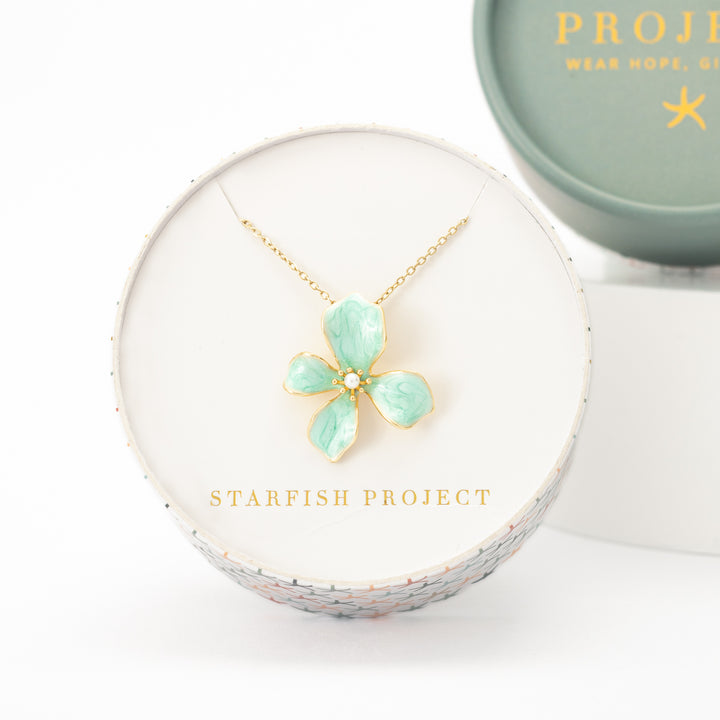 Gift box of floral necklace, mint green pendant, green flower pendant necklace, gold chain necklace, unique christmas gift ideas
