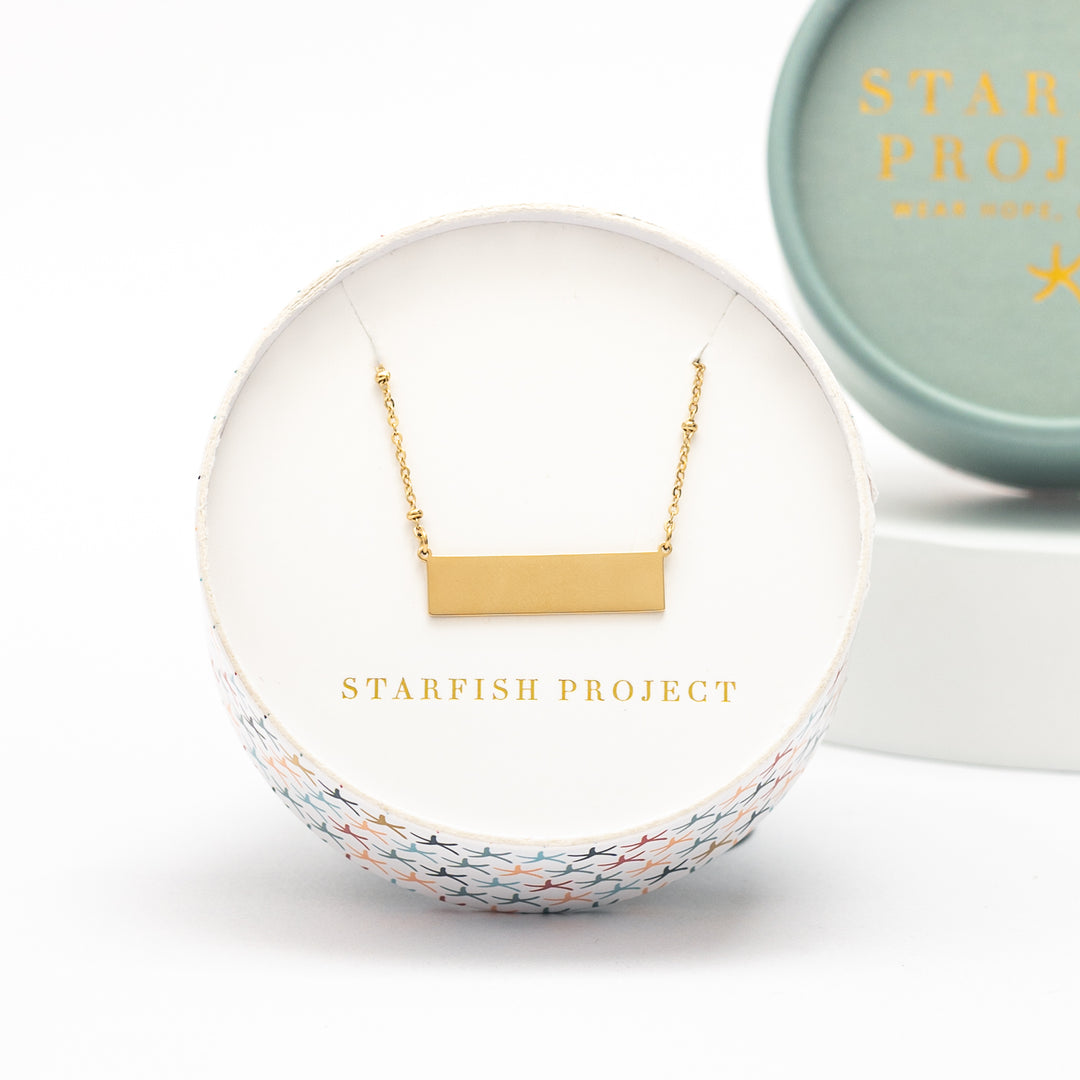 Gift box, starfish project, beautiful jewelry brands, heart pendant, engravable bar necklace