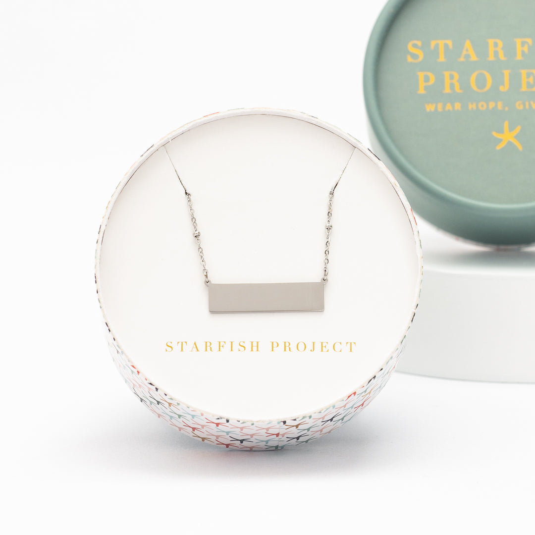 Gift box, starfish project, beautiful jewelry brands, heart pendant, engravable bar necklace