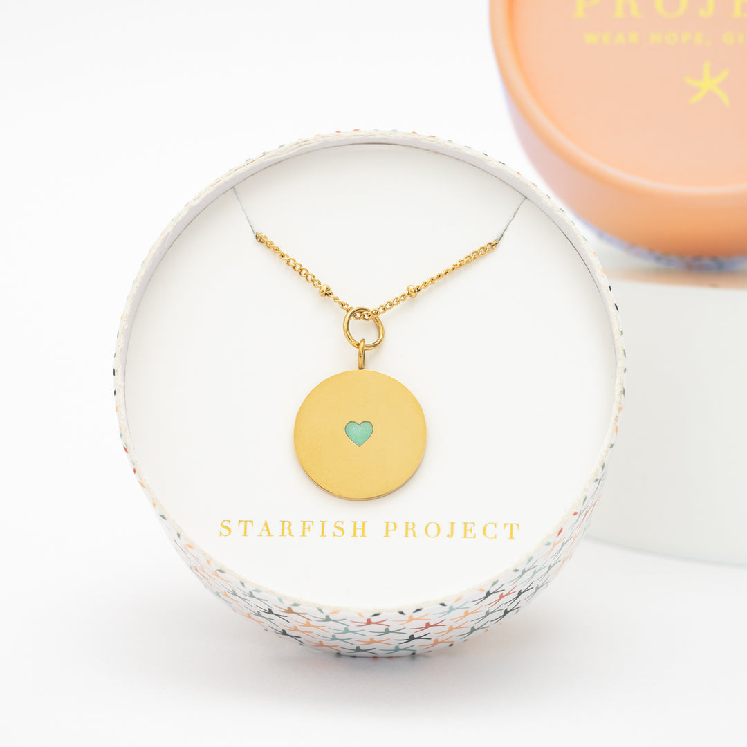 Gift box, starfish project, beautiful jewelry brands, heart pendant, engravable necklace with mint heart center