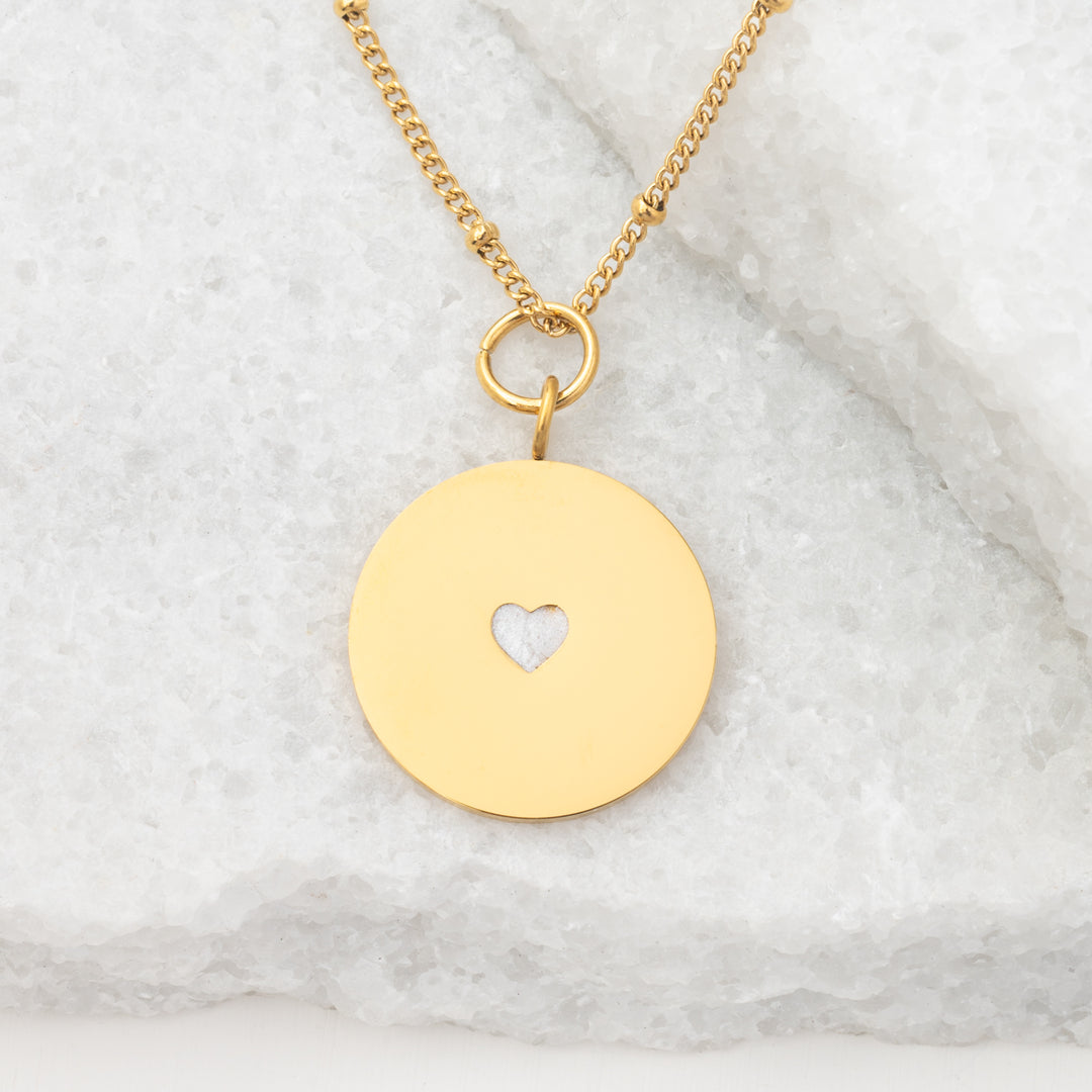 Photo of gold engravable necklace, necklace with heart center, heart pendant necklace, engravable jewelry for women