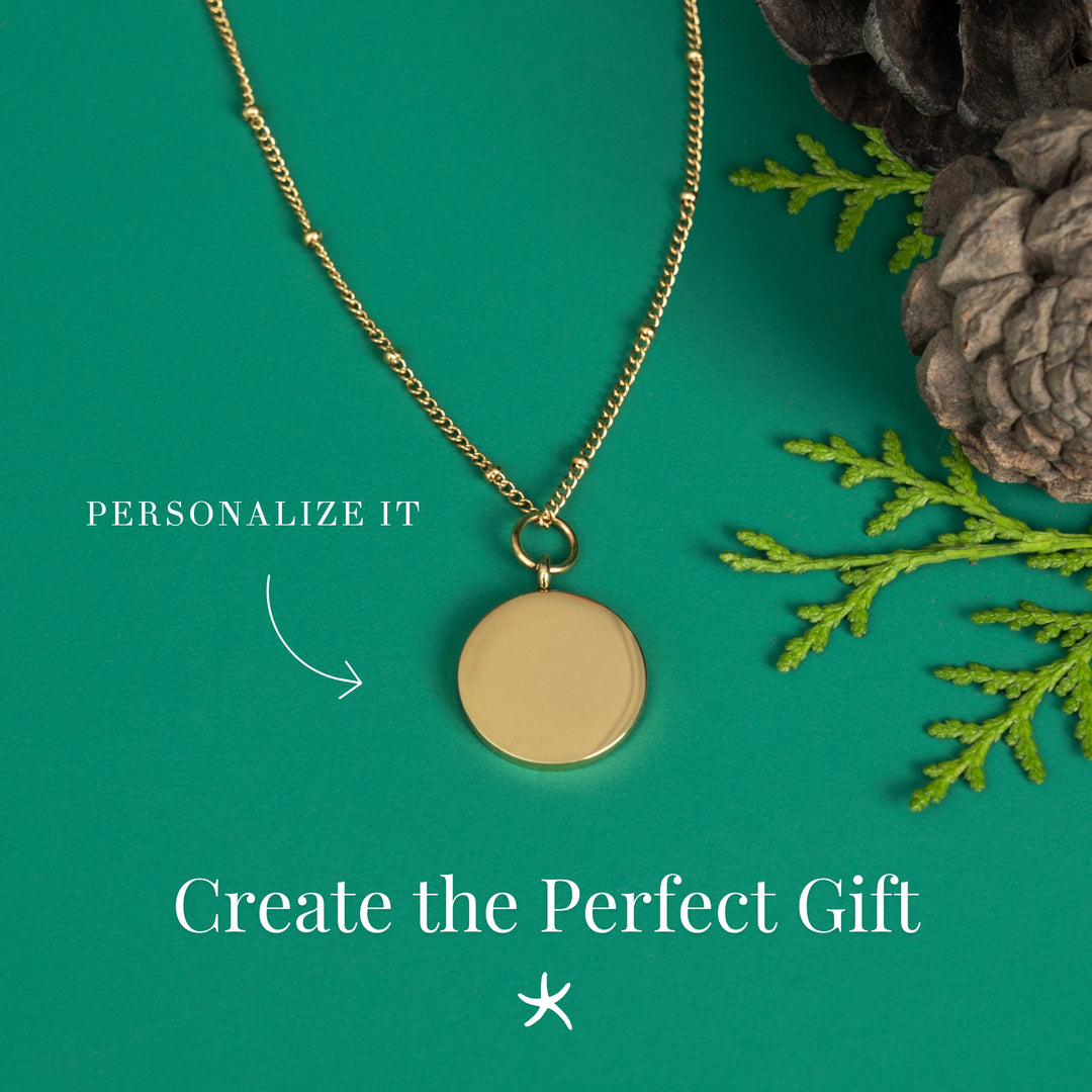 Example photo of engravable necklace, fair trade businesses, gold engravable necklace for women, special Christmas gift ideas