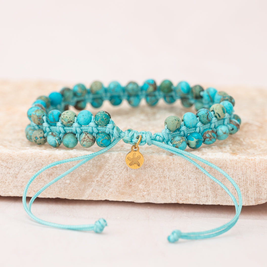 Handwoven bracelet set on stone slab, emperor stones, home shopping jewelry, ideas for Christmas, best fair trade gifts