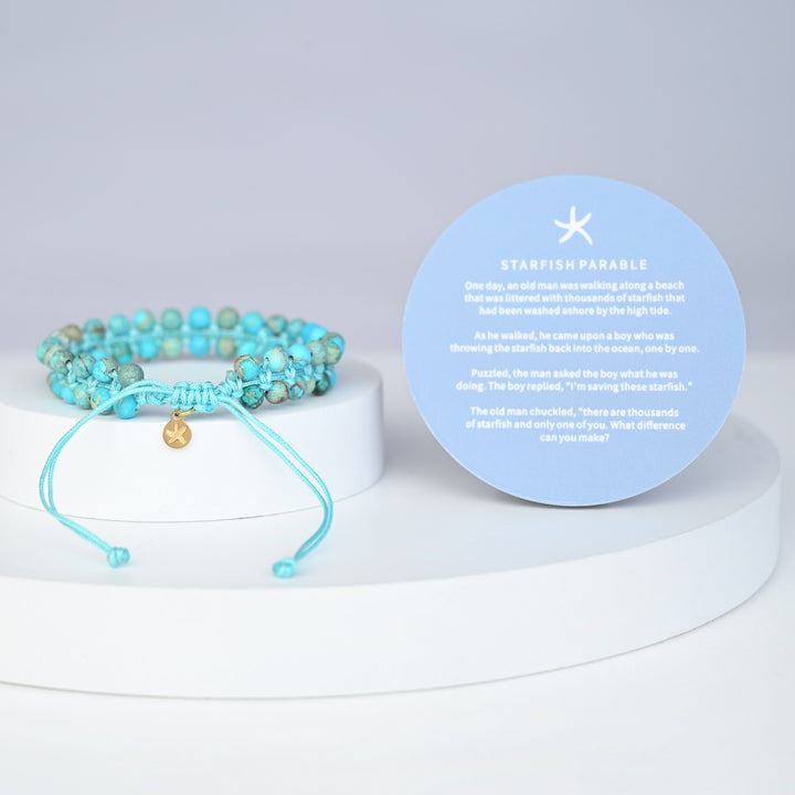 Photo of handwoven jewelry next to starfish parable, symbolism for starfish, symbolism for hope, women's artisan bracelet, special presents for Christmas