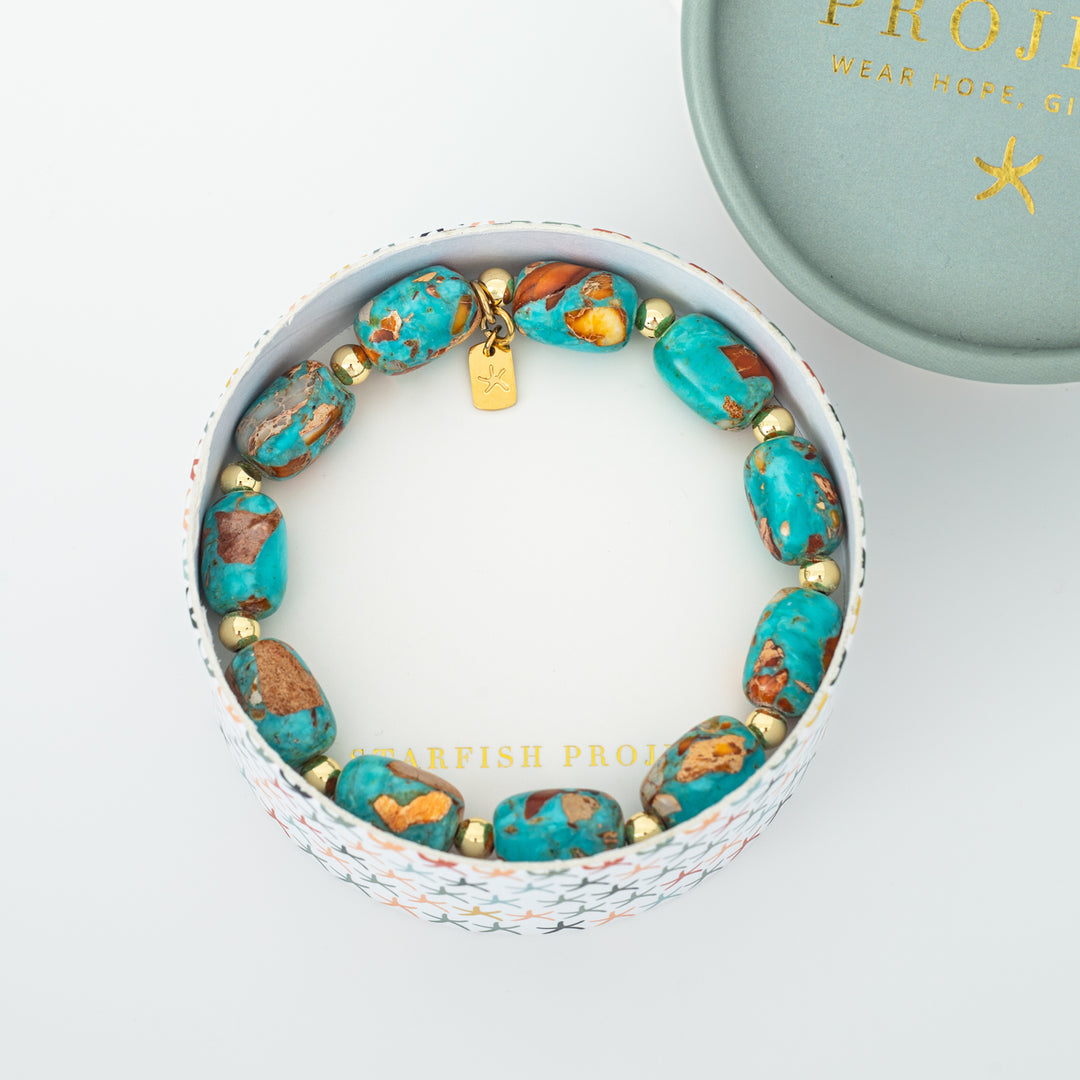 Turquoise stone bracelet placed in gift package, Starfish Project, Christmas gift ideas, Mother's day present, sustainable fair trade jewelry