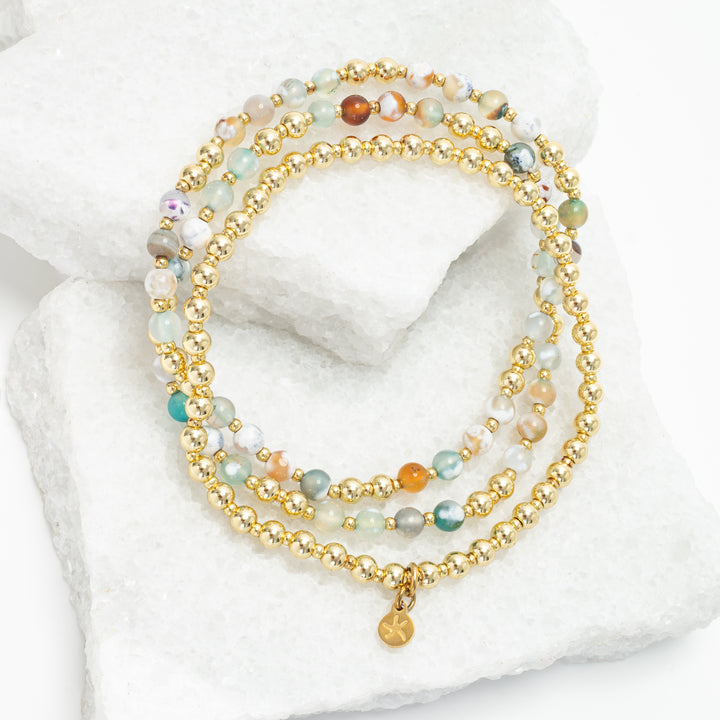 Photo of beautiful bracelet set, gold layered bracelets, agate beads, 18k gold bracelet, women's bracelet companies, Mother's day presents, jewelry gifts