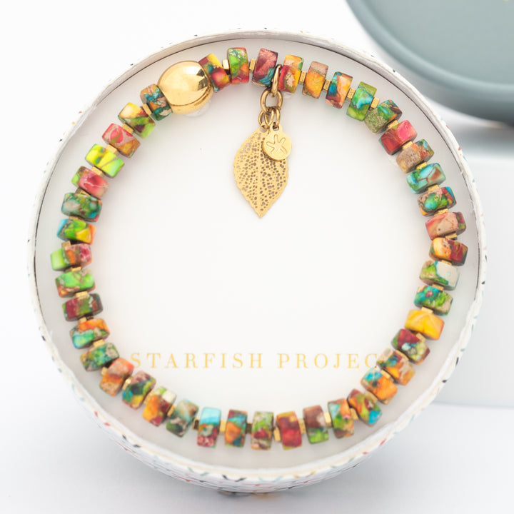 Sedona bracelet in round Starfish Project gift box, attached copper leaf and starfish symbol, women's bracelets