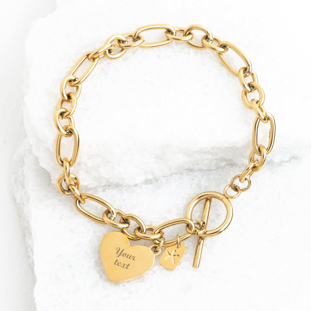 Photo of gold engravable bracelet, bracelet with heart, chained bracelet, engravable jewelry for women, heart attachment