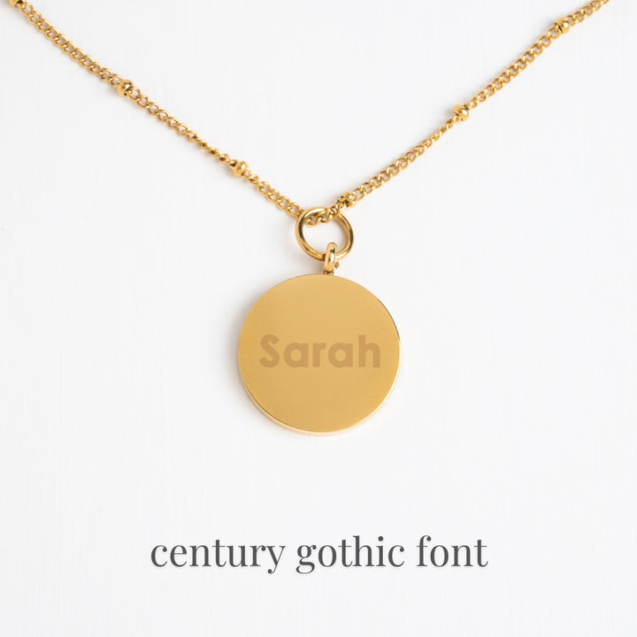 Example photo of engravable necklace, fair trade businesses, gold engravable necklace for women, gift ideas for the holidays