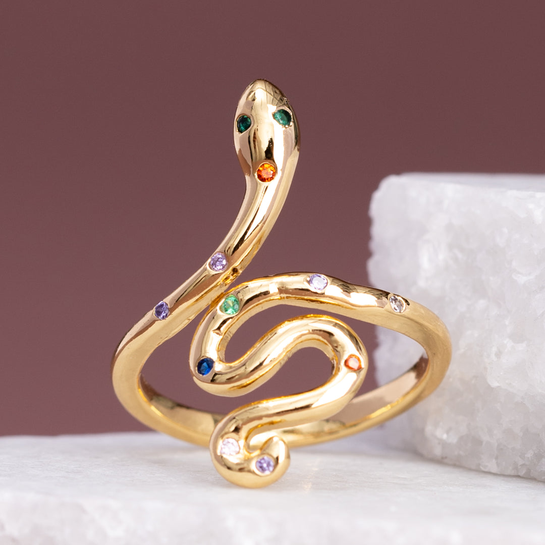 Gold ring with zircon, colorful snake shaped ring, adjustable ring, online jewelry shopping, holiday gift ideas