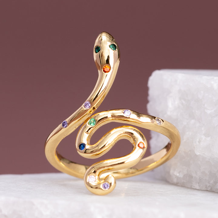 Gold ring with zircon, colorful snake shaped ring, adjustable ring, online jewelry shopping, holiday gift ideas