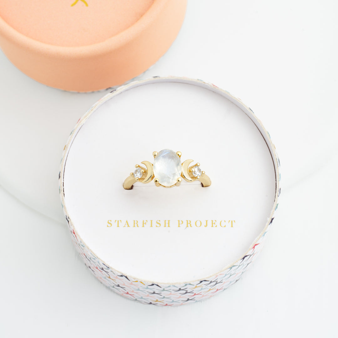 Gold ring placed in gift box, Starfish Project, jewelry brand, 18k gold women's jewelry, sustainable fair trade business