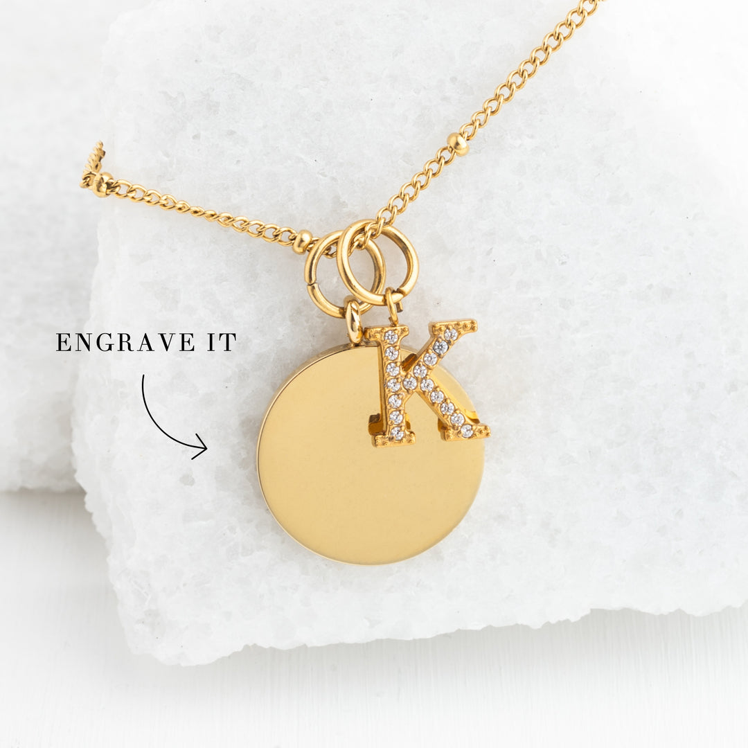 Engravable necklace with initial charm, gold personalized jewelry, quality engravable jewelry, cute customized jewelry